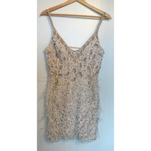 Vintage Y2K Dress 6 Nude Cocktail Party Sequin Beaded Feather Lace Up Back Mini